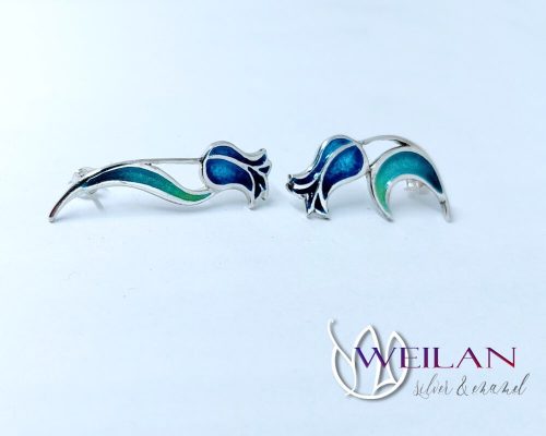 Virágszálam - aszimmetrikus, stiftes ezüst tűzzománc fülbevaló (világoskék-zöld)