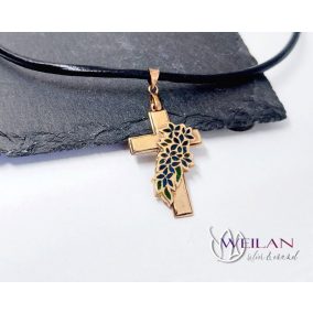 Tűzzománcozott virágfüzérrel díszített bronz kereszt medál