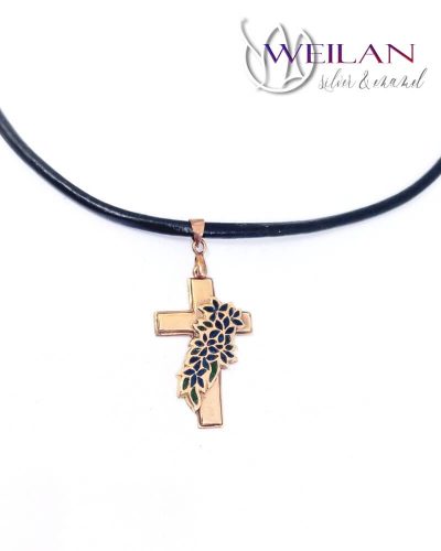 Tűzzománcozott virágfüzérrel díszített bronz kereszt medál