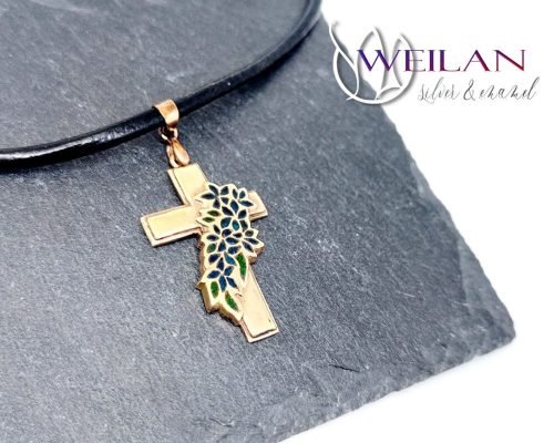 Tűzzománcozott virágfüzérrel díszített bronz kereszt medál