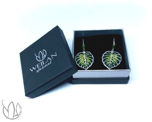 Leaf - Filodendron, monstera ezüst ajour tűzzománc fülbevaló Weilan díszdobozban