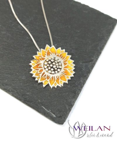 Flora - Napraforgóvirág magokkal ezüst tűzzománc medál