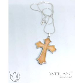   Fleur-de-lis Latin cross - 925 sterling Silver Enamel Pendant (peach blossom)